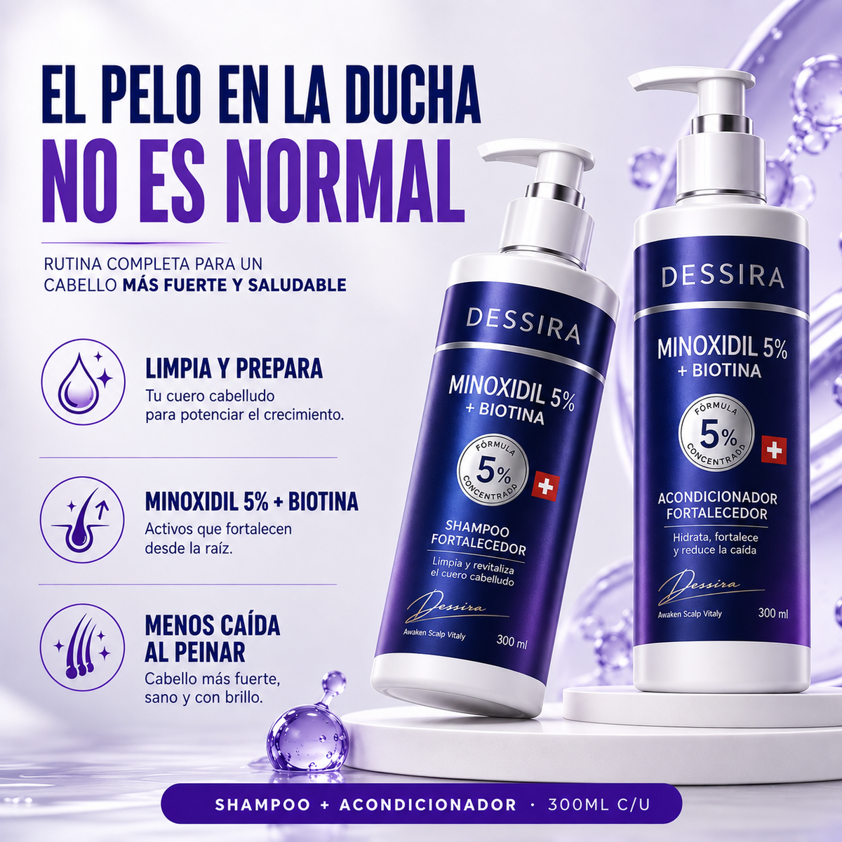 Minoxidil y Biotina · Shampoo + Acondicionador Fortalecedor · 300ml