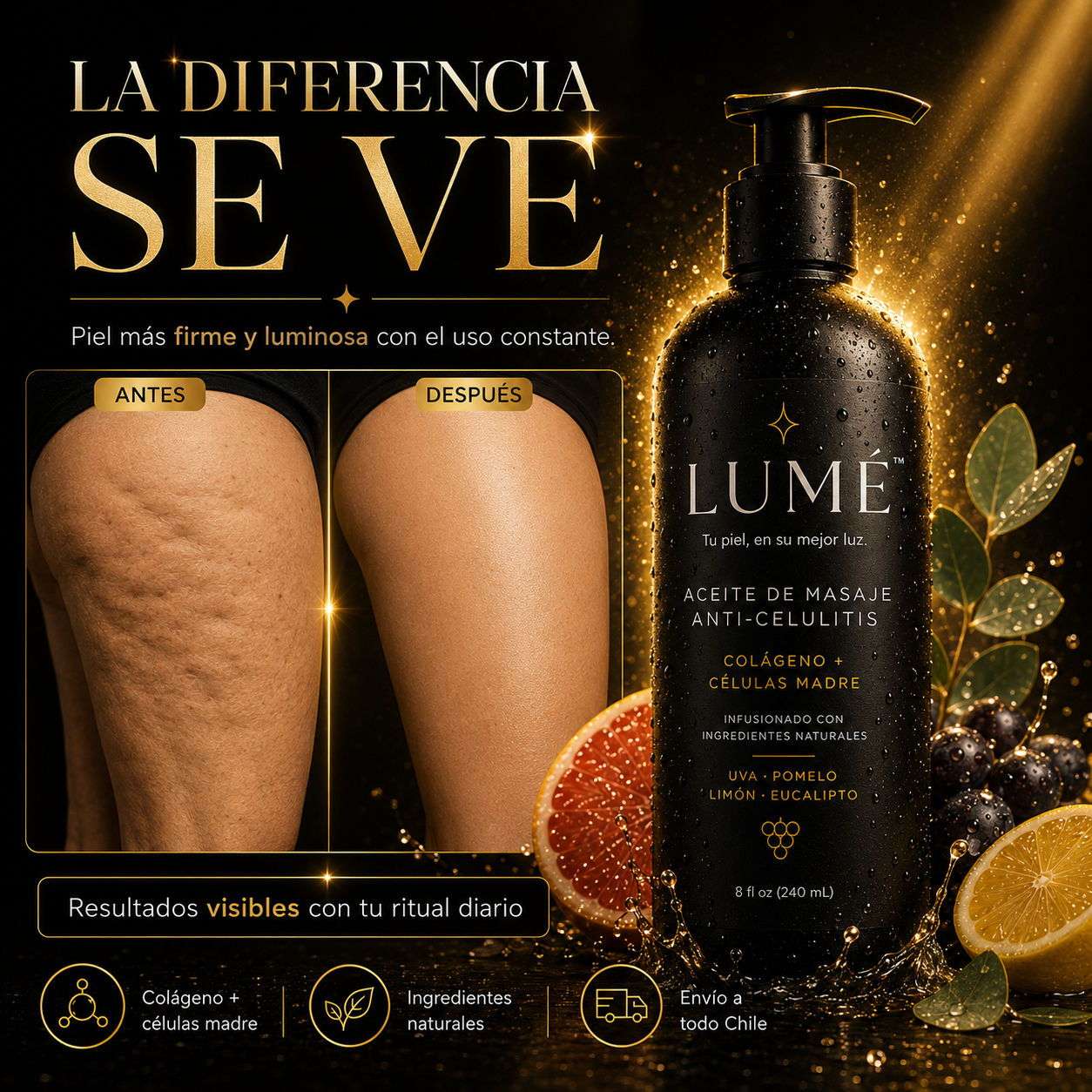 LUMÉ® – Aceite de Masaje Reafirmante Anticelulitis | Colágeno + Células Madre 240ml