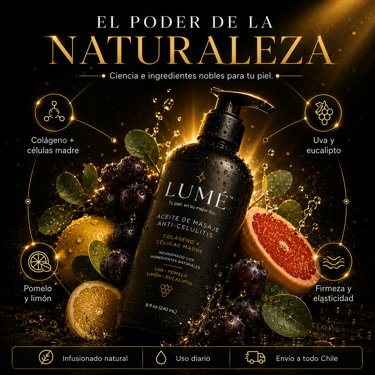 LUMÉ® – Aceite de Masaje Reafirmante Anticelulitis | Colágeno + Células Madre 240ml