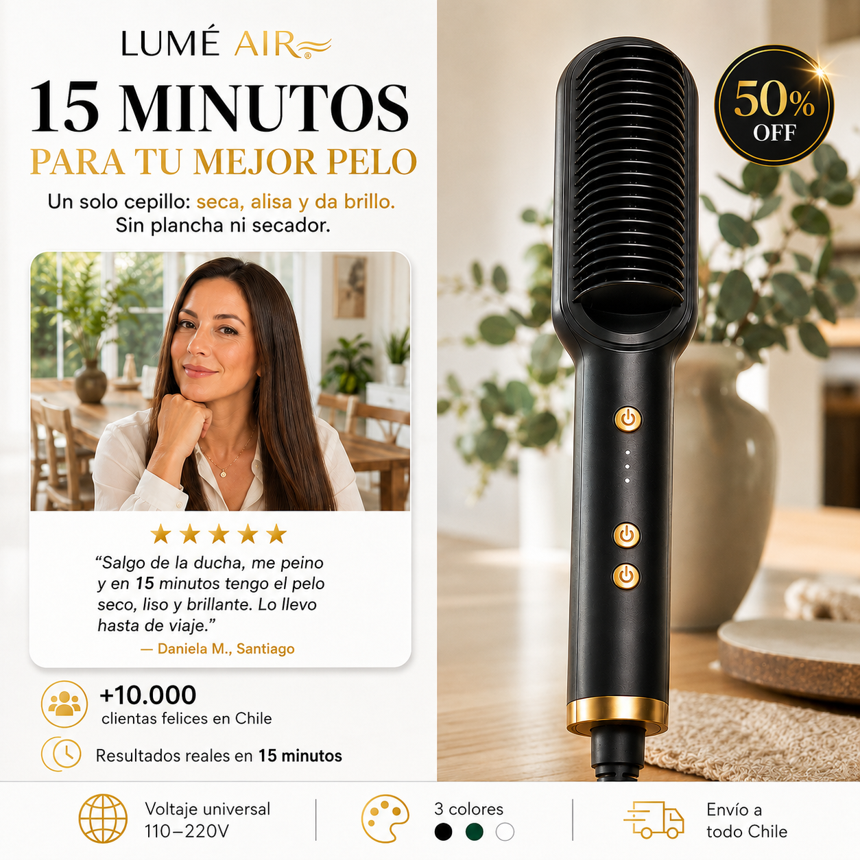 LUMÉ AIR® – Cepillo Alisador de Cabello | Seca y Alisa en 15 Minutos