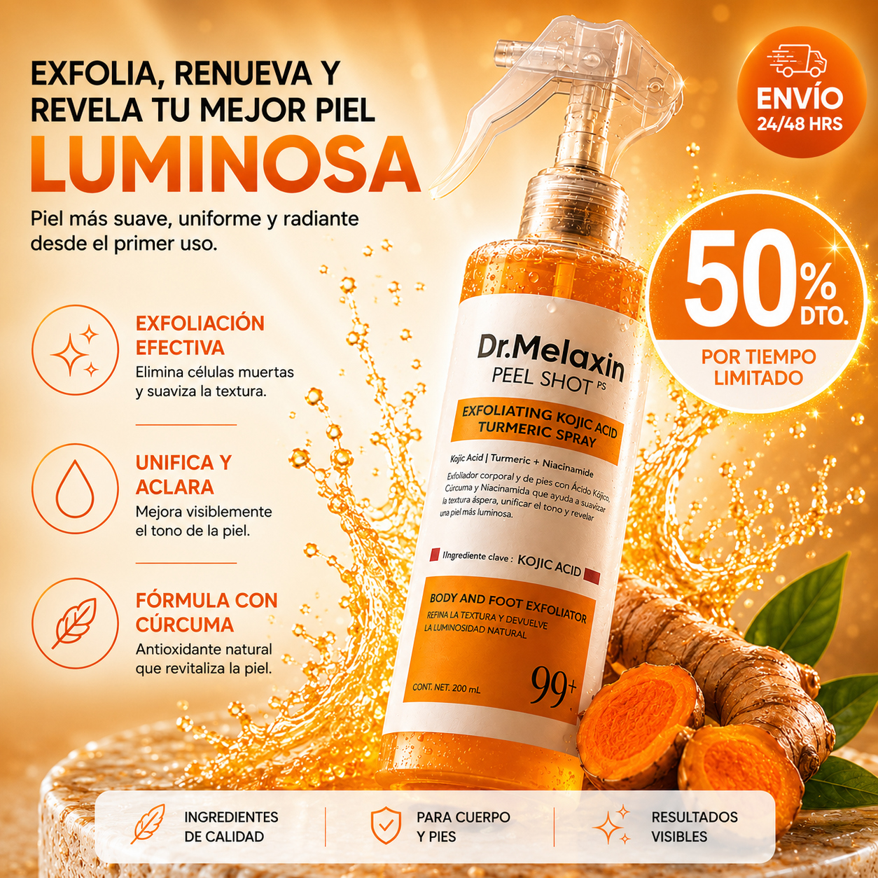 Dr. Melaxin Peel Shot® — Spray Exfoliante Kojic Acid + Cúrcuma
